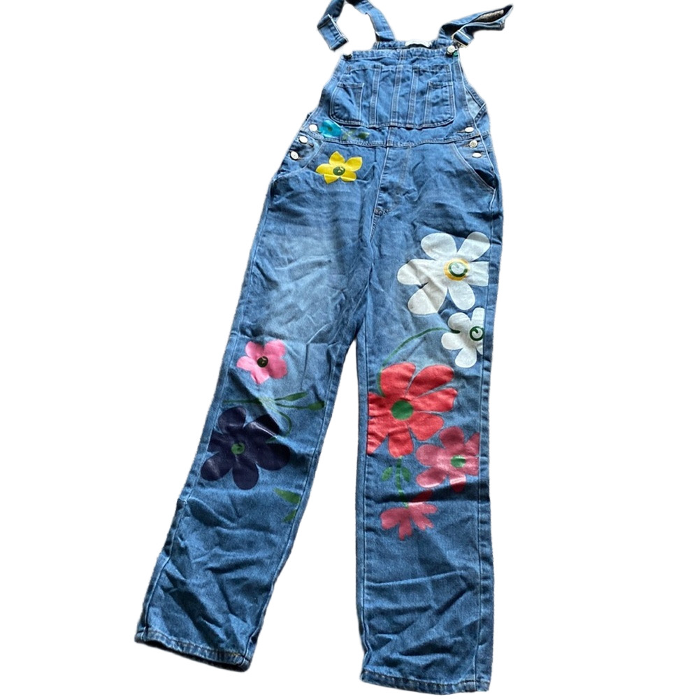 Misslook Floral Painted Denim Overalls Light Wash Blue Wide Leg Casual SIZE S